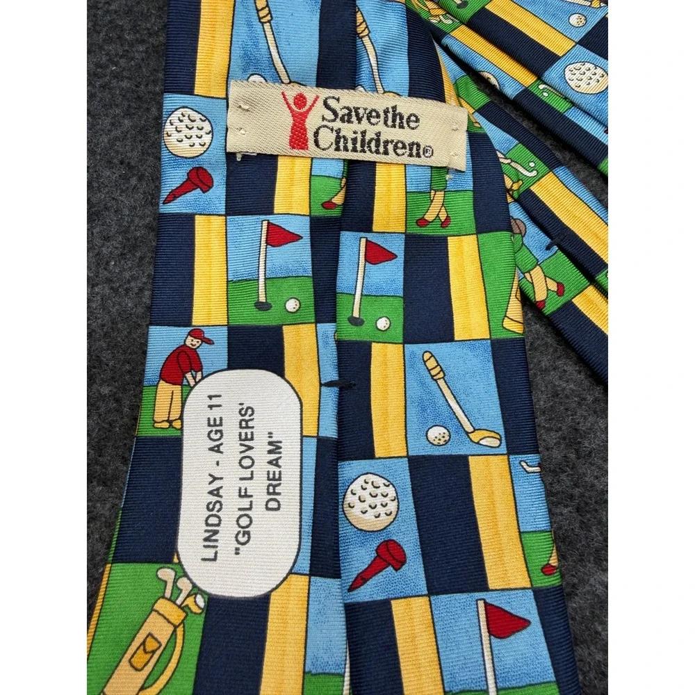 Save the Children Golf Lovers Dream Silk Tie Navy Blue Yellow Novelty Golfing
